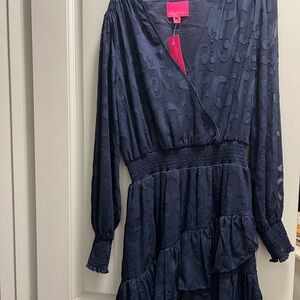 Lily Pulitzer Navy Blue “Cristiana poly crepe swirl” long sleeve dress.NWT